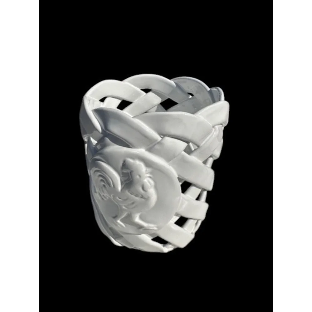 Primogi Italy White Ceramic Rooster Lattice‎ Basketweave Vase Utensil Holder 6in